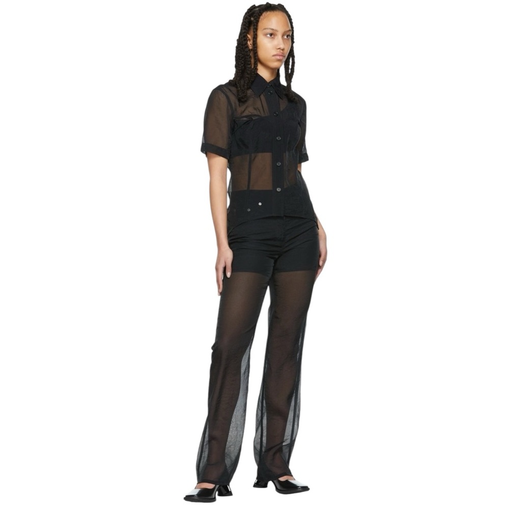 Helmut Lang Black Sheer Shirt - Black Button Up Organza Short Sleeve Shirt Top - Picture 12 of 13